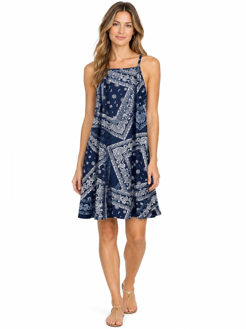 Emma‎ & Michele Sleeveless Blue White Paisley Handkerchief Halter Dress Medium